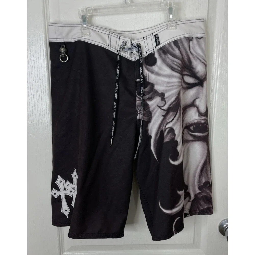 Affliction Board Shorts Mens 34 Brown Swim Trunks Gothic Skull Crosses MMA Y2K